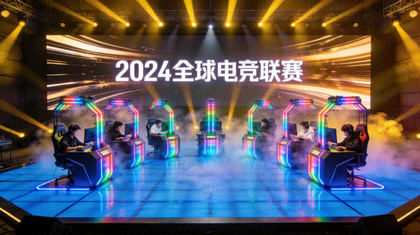 电竞赛事舞台现场大屏幕与选手比赛区域灯光