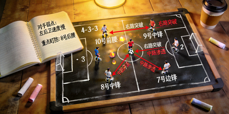 足球战术板上标注球员站位与进攻线路的分析场景